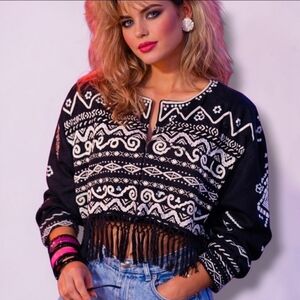 Vintage DKNY 80's Linen Blazer Small Black Crop Fringe Sequins Beads Oversize